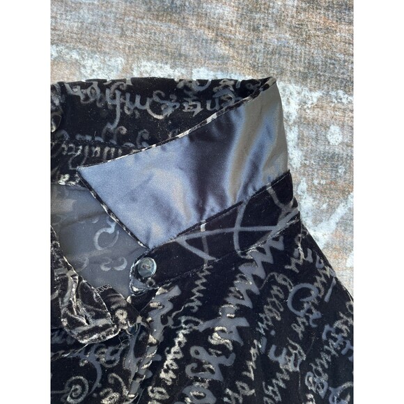 Vintage 90s Black Velvet Burnout Script Print Top Silk Blend Semi Sheer Boho L - Picture 11 of 16